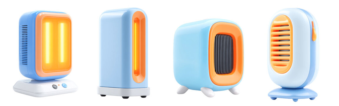 3D render Compact isolated on transparency PNG background, colorful space heaters with modern designs featuring orange accents and sleek blue bodies, Ideal for winter home heating