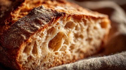 Artisanal sourdough bread crust with bubbly texture. Rustic bakery