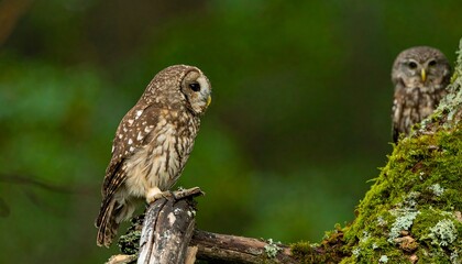 Two owls perched on a mossy tree branch in a forest