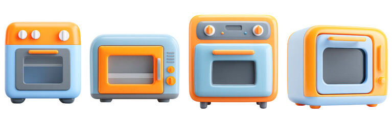 Fototapeta premium 3D render Cute 3D cartoon kitchen appliances in pastel colors; perfect for illustrating baking blogs isolated on transparency PNG background, cooking apps