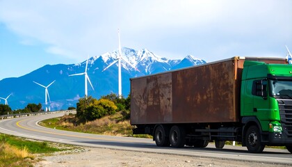 Green truck on winding road, mountains and wind turbines