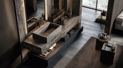Obraz premium High-end bathroom vanity with dark, wood-grain sink and cabinetry. Elevated, modern style with natural light, showing a spacious layout, sleek brass fixtures