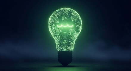Bright green light bulb with intricate botanical leaf patterns symbolizing eco-friendly energy and sustainable innovation against dark background.