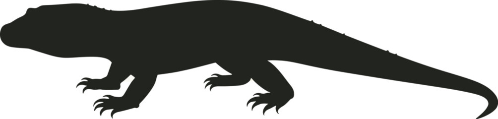 Vector art of silhouette of a monitor lizard walking on a flat surface representing wildlife and natural history of reptiles