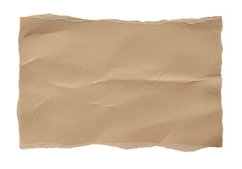 A piece of old, crumpled, and torn brown kraft paper with ripped edges. Isolated on transparent background, png