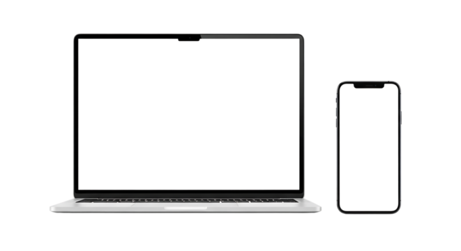 Mockup of a laptop computer and a smartphone with blank black screens. Isolated on transparent background, png - Powered by Adobe