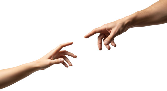Two hands reaching for each other in a gesture. Isolated on transparent background, png