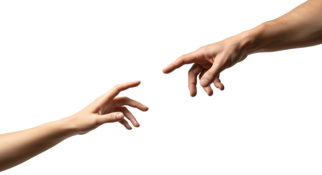 Two hands reaching for each other in a gesture. Isolated on transparent background, png