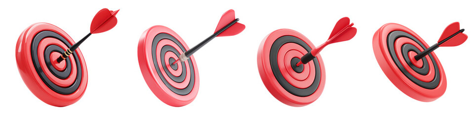 3D render A series of red darts perfectly hitting the bullseye targets symbolizing precision and achievement; ideal for business success isolated on transparency PNG background, strategy