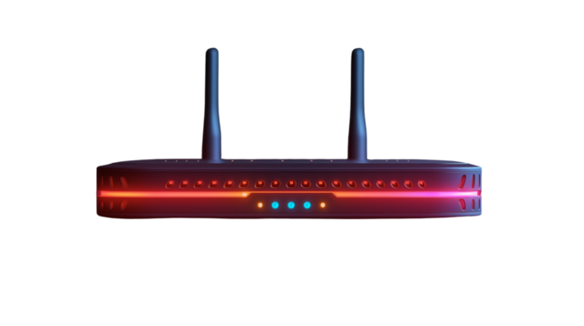 Modern wireless internet router with LED signal indicators. Transparent PNG.Dual antennas and red glow design. Transparent PNG for network concepts. Isolated on transparent background, png