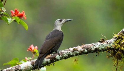 Fototapeta premium Grey woodpecker perched on branch, with bokeh background of tropical foliage