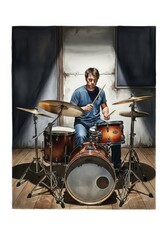 A Dramatic Drummer Portrait - A lone drummer, illuminated by spotlights, sits behind his kit, symbolizing passion, rhythm, music, performance, and solitude