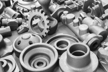 Collection of metal parts, including gears and bolts, are displayed on a table. Concept of industrial design and engineering, showcasing the various shapes and sizes of the metal parts