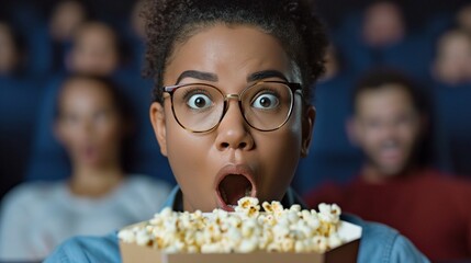 A young Black woman with curly hair and glasses, surprised while holding a large popcorn bucket in a movie theater., holding snack, cinema mood