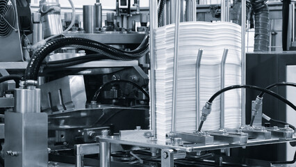 Elements of cardboard boxes are collected in stack. Conveyor line for the production of boxes. Machine cuts cardboard boxes from sheets of cardboard