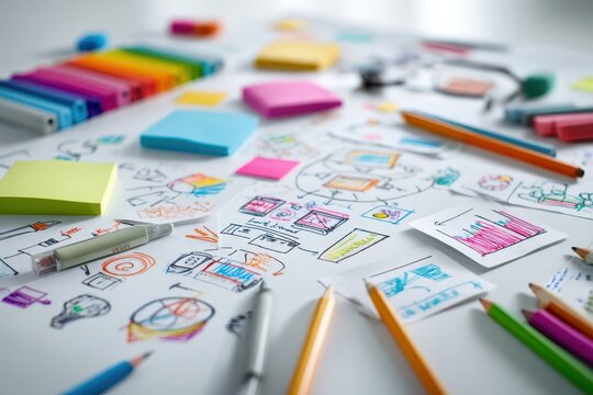 Colorful brainstorming session on desk, office background