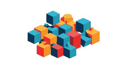 Abstract Geometric Cube Composition - Colorful isometric cubes and shapes arranged in a dynamic composition on a white background. Ideal for technology, design, or business concepts