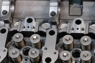 disassembled silver car engine auto service concept background.