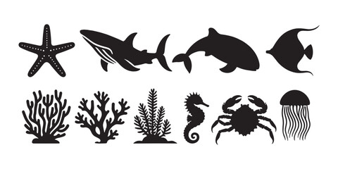 Fototapeta premium Black Silhouettes of Ocean and Marine Life: Stingray, Seahorse, Turtle, Shark, Coral & More