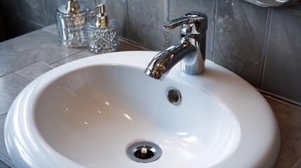 Fototapeta premium Close-up of a white ceramic sink with a chrome faucet. Small decorative items on countertop. Grey tiled wall