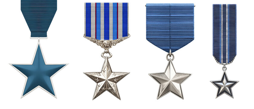 Medals on display with different star designs and blue ribbons evoke honor and achievement, Ideal for military isolated on transparency PNG background, awards