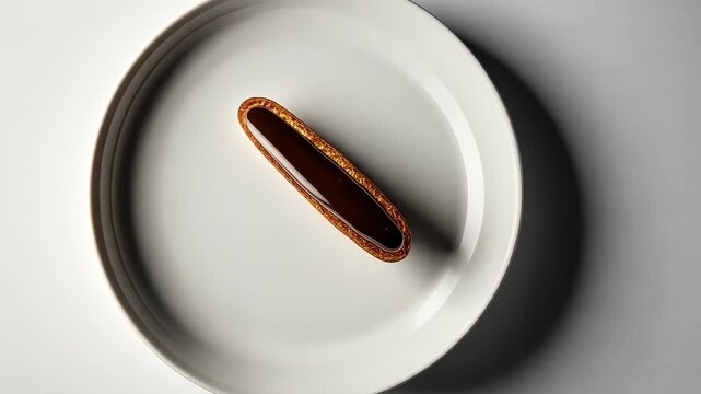 Animation of a Single &Eacute;clair on White Plate &ndash; Minimal Dessert Presentation