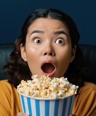 Surprised young Asian woman with curly hair holds a bucket of popcorn, expressing excitement and anticipation., holding snack, cinema mood