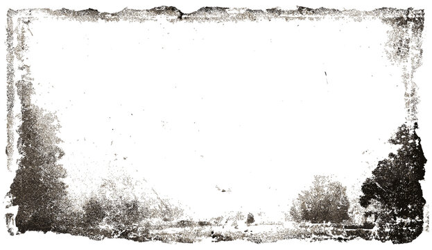 Grunge distressed vignette edge overlay with worn vintage old photograph texture, eroded faded scratches and dust effect on transparent background, dirt marks, retro style frame layer