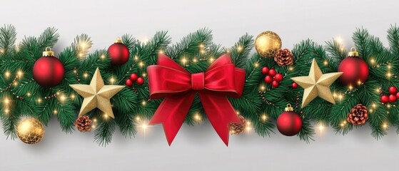 Christmas tree border with green fir branches, red bow, balls, golden stars and gold lights isolated on transparent background. Pine, xmas evergreen plants frame.