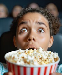 A young girl with curly hair and wide eyes is surprised, holding a large bowl of popcorn in a movie theater., holding snack, cinema mood