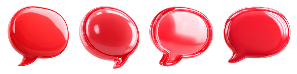 3D render Four red 3D speech bubbles aligned in a row, Ideal for communication or social media graphics isolated on transparency PNG background, emphasizing dialogue or conversations