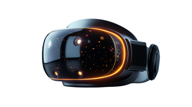 High-tech VR headset with glowing orange lights and starfield reflection. Transparent PNG.Immersive digital design isolated on white. for tech visuals. Isolated on transparent background, png