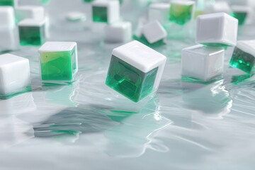 Abstract green cubes floating on white liquid;  futuristic tech concept; background blur