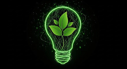 Glowing green lightbulb with vibrant plant leaves inside, symbolizing sustainable and eco-friendly energy.