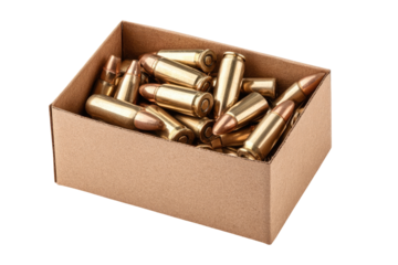 Cardboard box overflowing with ammunition