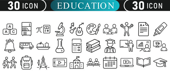 Minimal Education Icons – 30 Outline Style Academic Symbols

