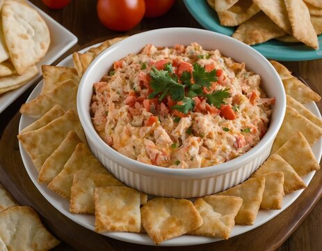 lobster dip in a bowl with pita chips	