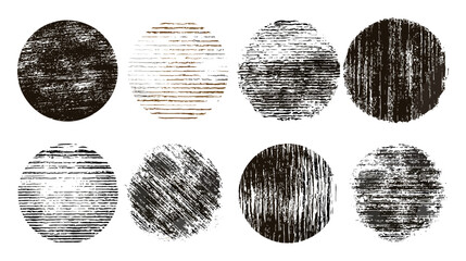 Retro grungy distressed circle shapes collection with aged hand printed textures. Linocut vector rough worn scuffed artistic backgrounds. Grunge badge stamp label templates, vintage design