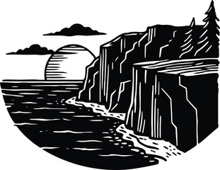 Cliffs Overlooking Sea Silhouette | Seaside Rocky Cliffs Silhouette