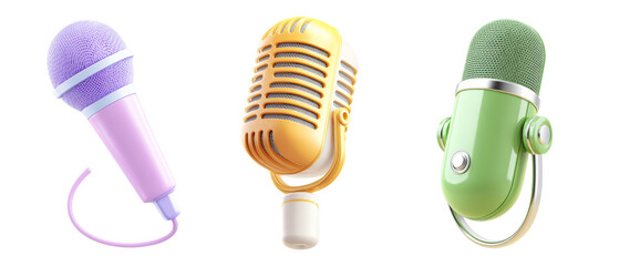 3D render Three colorful isolated on transparency PNG background, stylized microphones with retro and modern designs, Ideal for use in music, podcasting, and broadcasting themes
