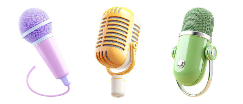 3D render Three colorful isolated on transparency PNG background, stylized microphones with retro and modern designs, Ideal for use in music, podcasting, and broadcasting themes