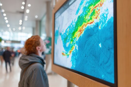 Scientist looking at tsunami warning on digital map display
