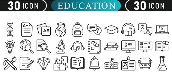 Minimal Outline Education Icons – 30 Academic Vector Elements

