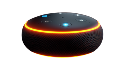 Compact round smart speaker with glowing orange LED ring and digital controls. Transparent PNG.Transparent PNG for smart home or tech interface mockups. Isolated on transparent background, png