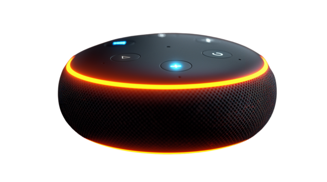 Compact round smart speaker with glowing orange LED ring and digital controls. Transparent PNG.Transparent PNG for smart home or tech interface mockups. Isolated on transparent background, png
