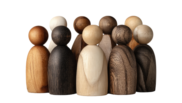 A group of wooden figures, various shades of brown and beige, clustered together