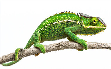Fototapeta premium Green Chameleon Sitting on a Branch.Isolated on white background