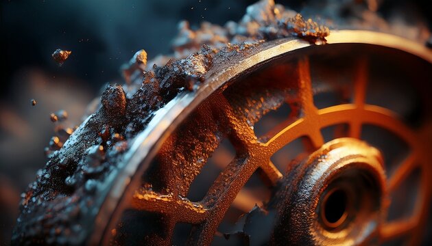 ultra macro of metallic ash residue clinging to burnt valve wheel microcosm of disaster forensic hyperrealism cinematic scene