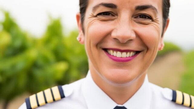 Smiling Female Pilot in Uniform Outdoors for smile
