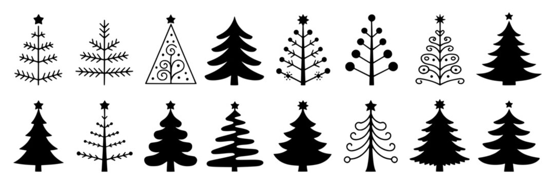 Christmas tree collection - hand-drawn and silhouette illustrations. Festive design elements, simple line art, decorative Xmas trees with stars. Vector graphic set, black and white holiday icons, seas